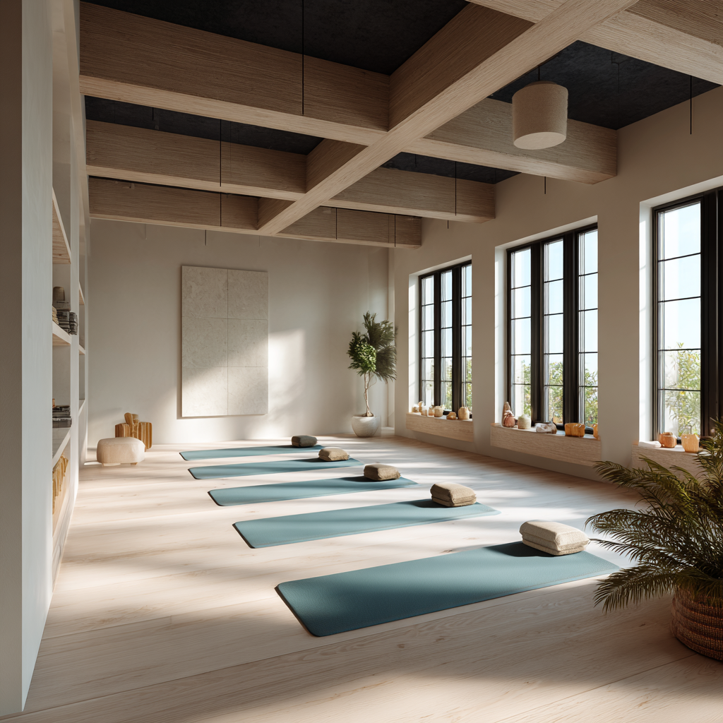 Calm yoga studio space designed for older adults with natural lighting and comfortable environment