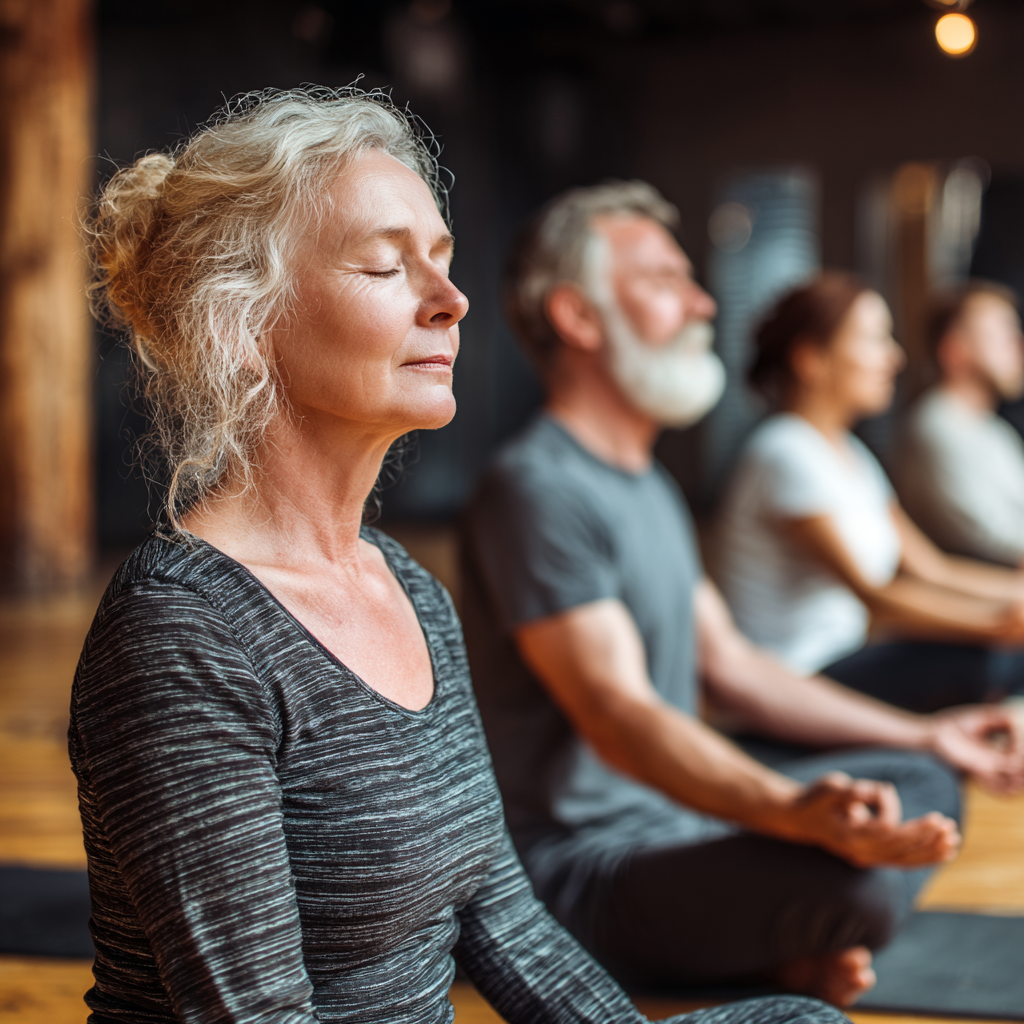 Middle-aged adults practicing mindful yoga movement in peaceful studio environment